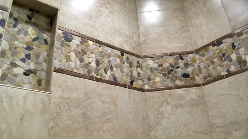 Lucerne 20x20 Alpi porcelain tile Rivera pebble 4 color blend plaza estrada liner 1x12 bronze shower niche walk in 