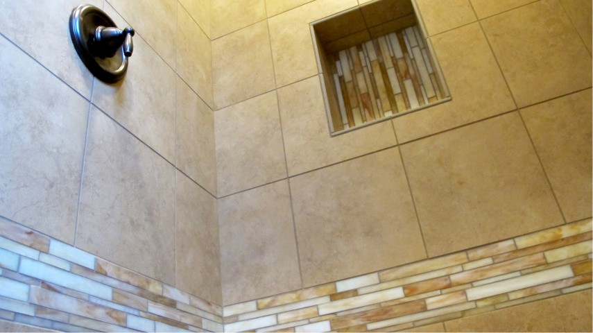Yura thompson tile and stone walk in shower square lay linear mosaic accent tile catwalk glass border band porcelain tile niche