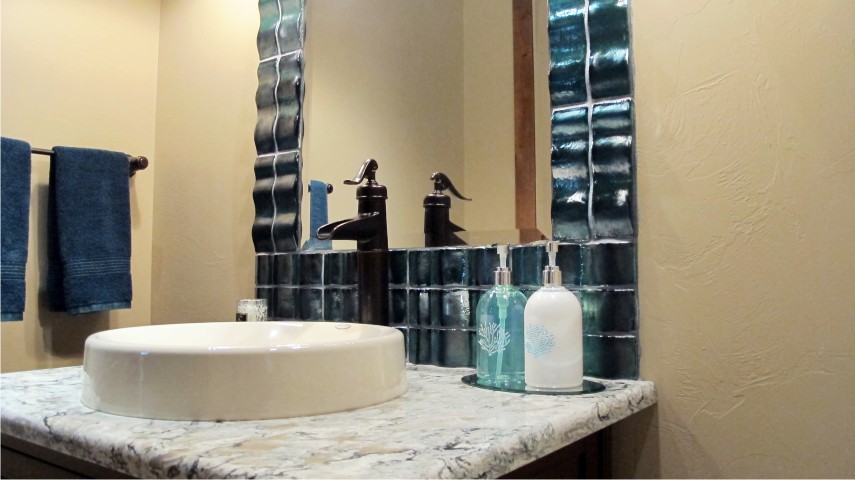Casa onda glass oceanside glass tile mirror frame cambria countertops Praa Sands vessel sink 