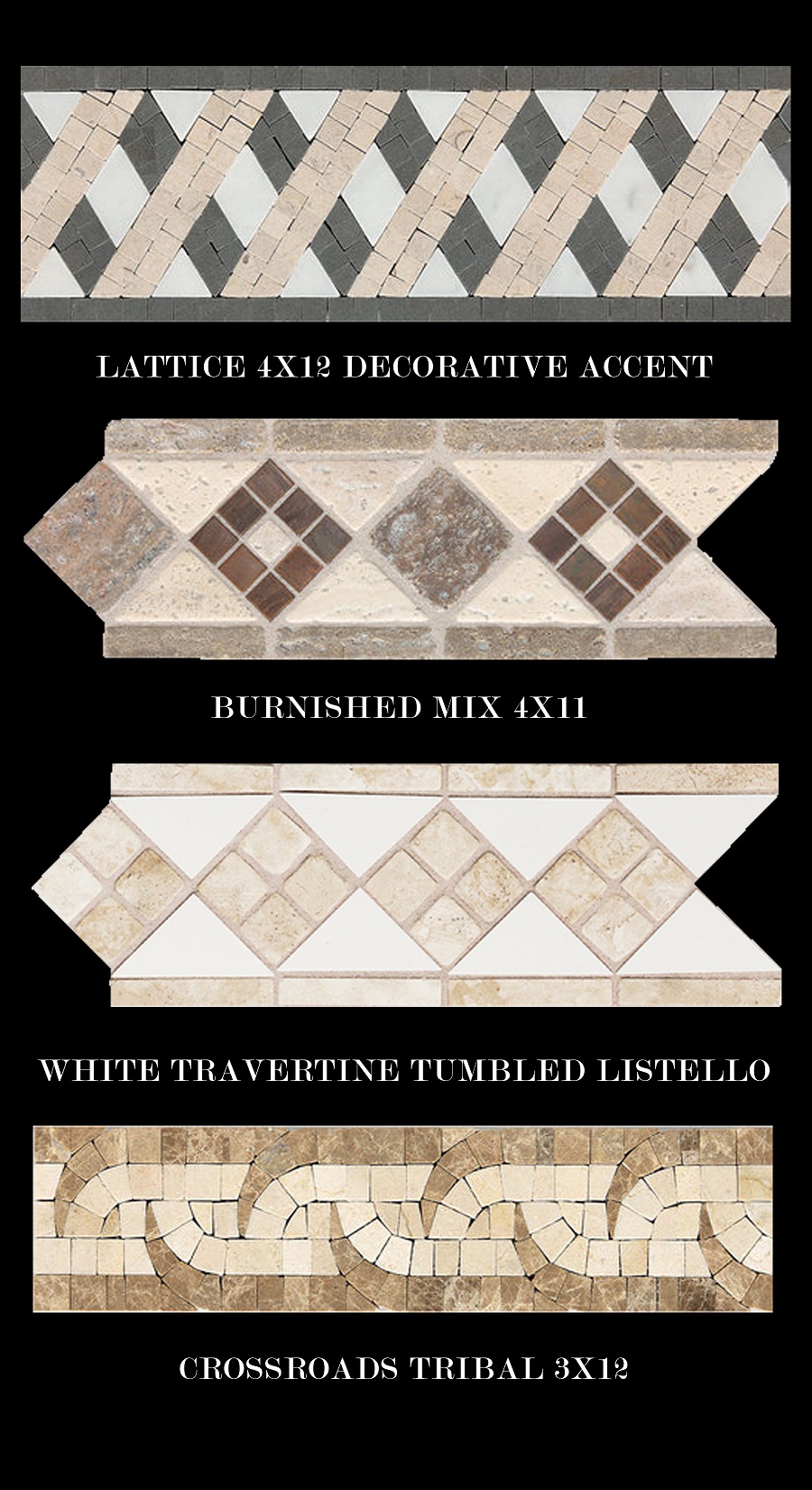 Stone combinations Daltile Fashion accents decorative border strip Lattice Burnished mix white travertine tumbled listello crossroads tribal pattern copper walnut grey white 