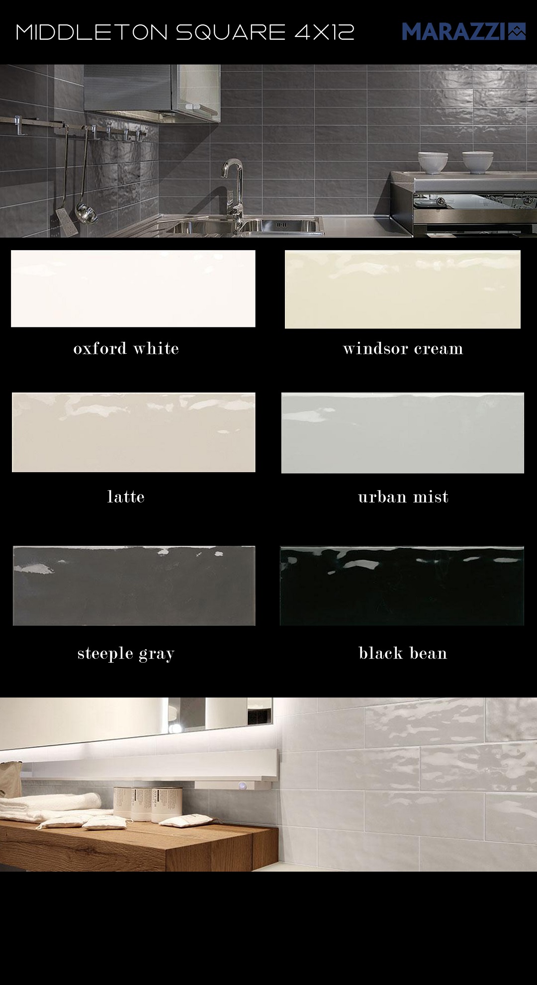 Marazzi hand mold contemporary ceramic wall tile rectangle subway 4x12 oxford white windsor cream latte urban mist steeple gray black bean