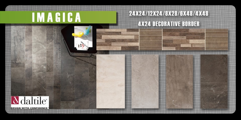 Imagine what you could do with Imagica by DalTile. Solid color body porcelain tile in 8 sizes plus a decorative border.
