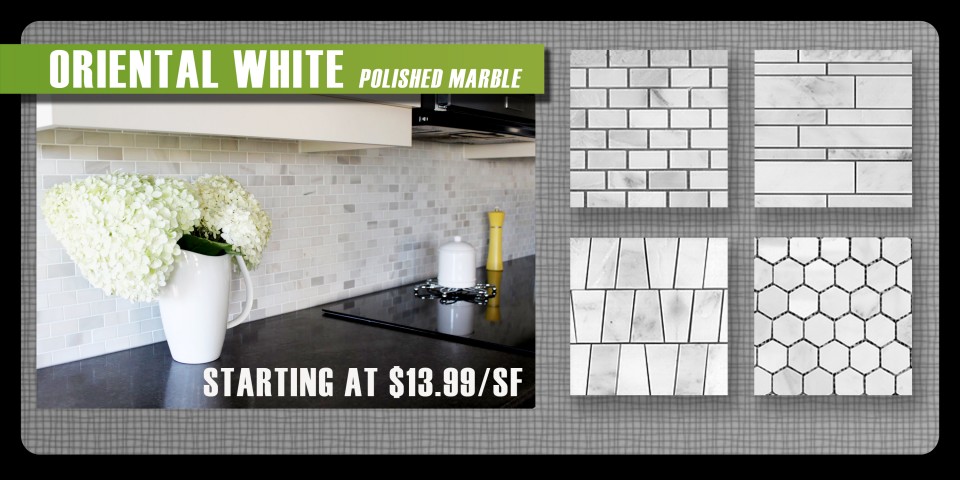 Oriental White Marble backsplash by Thompson Tile & Stone brickset random linear mosaic hexagon