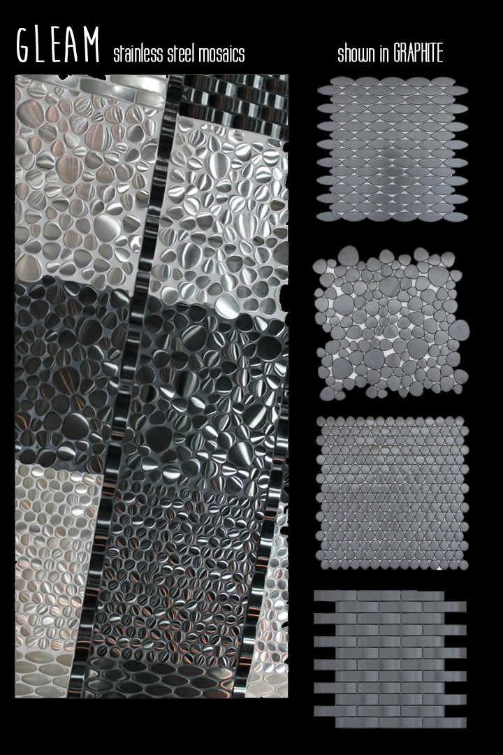 Gleam Emser Tile stainless steel mosaics modern metal oval pebble brick set graphite silver modern contemporary metallic sheet