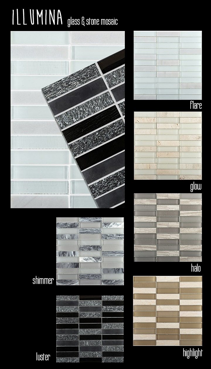 Emser Tile & Stone Illumina Glass mosaic with stone straight stack halo glow luster shimmer highlight flair 