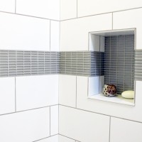 Thompson Tile Colour & Dimensions arctic white 8x20 with Cristallo Glass 1/2 x 2 in special gray. Custom Shower