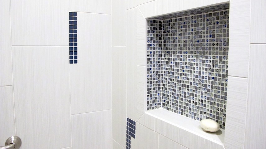 Dal Tile niche artistry marvel shower fabrique 12x24 blanc linen color wave mosaic twilight blue 5/8x5/8 and 1x1 mosaic tile porcelain glass bullnose edge