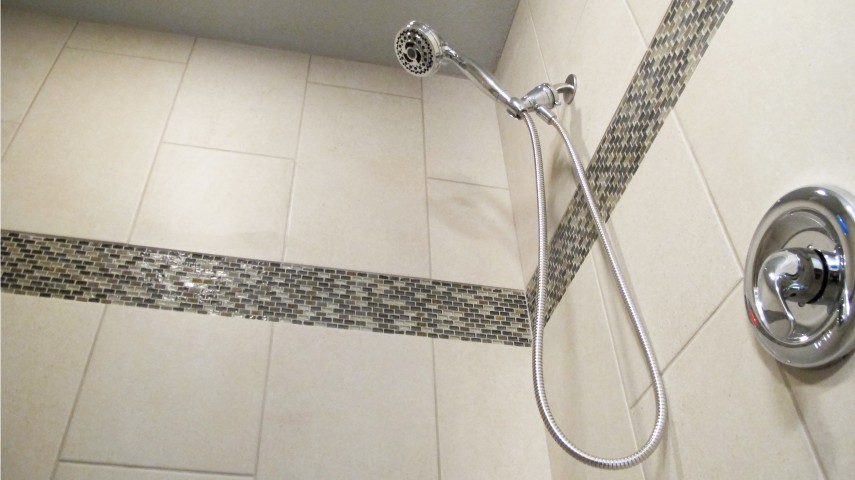 walk in shower cronin household porcelain tile grout joints tan sand beige border micro mosaic brick pearl Oregon tile & Marble 12x24 vertical stagger joint