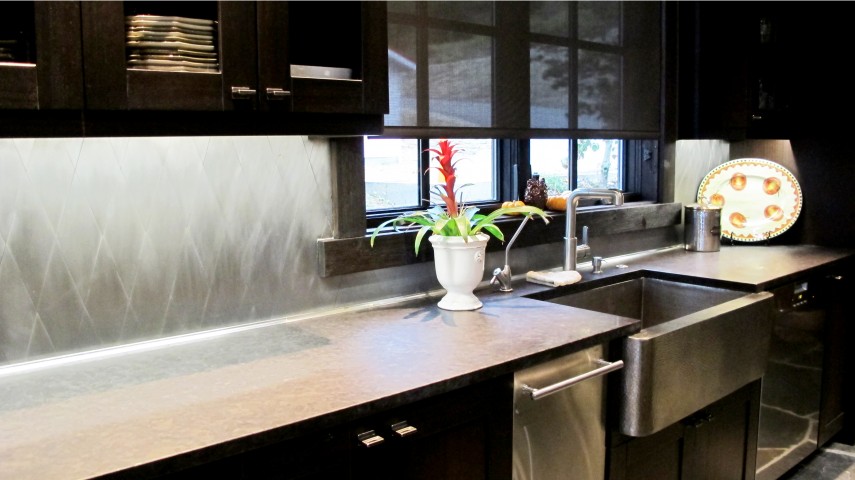 metal refurbished backsplash solid surface countertops quartz large custom trim work millwork window with stainless steel appliances.