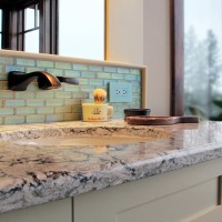 master vanity cambria countertop Praa Sands undermount sink backsplash Boyce and Bean 1x3 offset in Aquatic Antique bronze fixtures