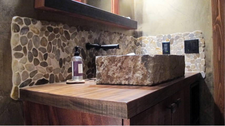 Pebble mosaic solid wood countertop stone vessel sink rivera pebble backsplash Emser Tile natural stone antique bronze