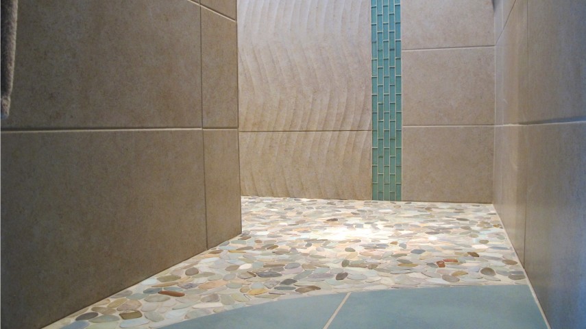 Master shower floor mosaic color blox porcelain tile floors 18x18 sea monkey curve floor Venetian pebble mosaic pastel blend Emser porcelain New stone tile walls S'tile Borgogna and Onda Relief Deco witha  border of boyce and beans 1x3 offset in Aquatic