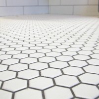 White hexagon 1 inch tiles with pewter grout