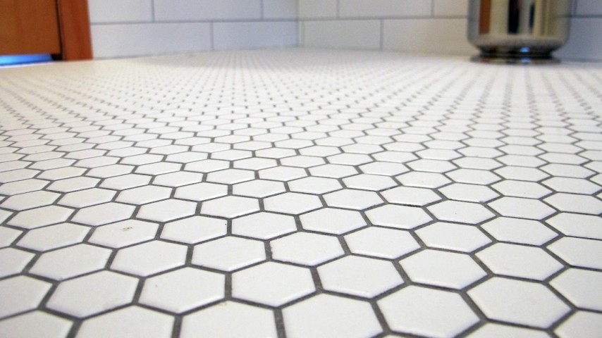 White hexagon 1 inch tiles with pewter grout