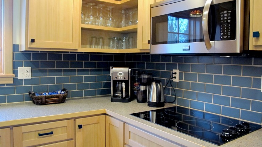 Bimini blue backsplash in 3x6 subway tile kitchen stainless steel with laminate countertop wilsonart white grout full height appliances 