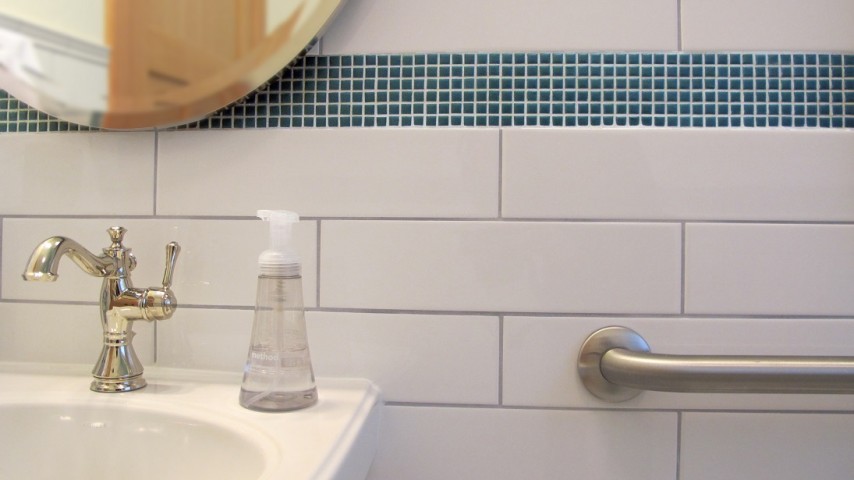 powder bathroom white ceramic subway tile grey grout small blue mosaic border colour & dimensions tile thompson olympia athena dal tile white blue pedistal sink and mirror