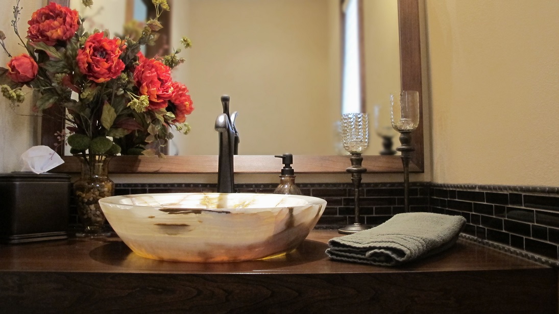 vanity vessel sink backsplash onyx carved sink brushed antique bronze glass backsplash dal tile tiger eye java mosaic pencil liner accent tile powder bath traditional 