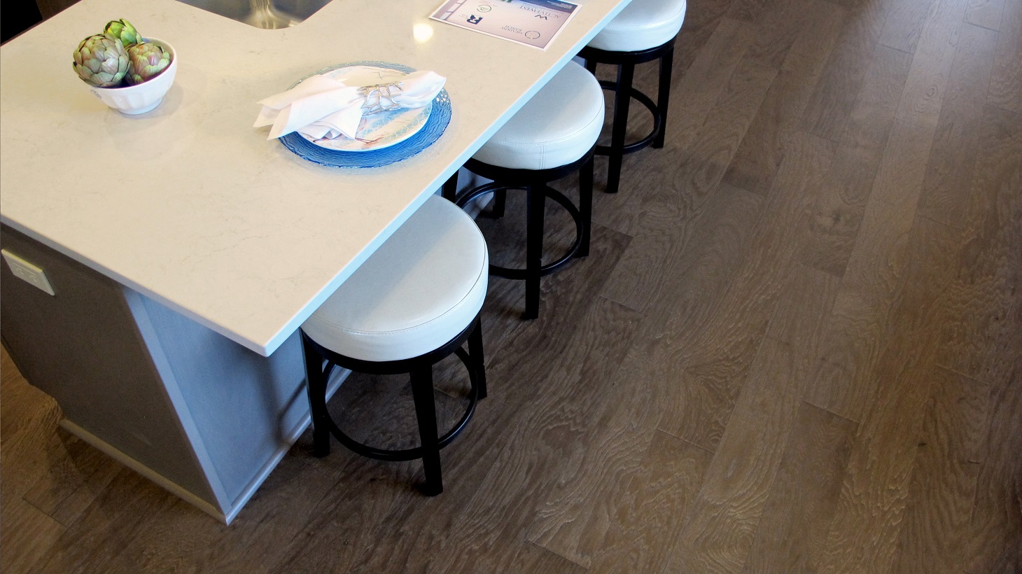 Urban loft shaw hardwood floor Long Island color engineered matte finish modern stylish island bar stools quartz counter tops white light bright interior design loft townhouse 