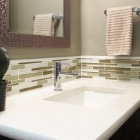 Powder bathroom vanity LG Viatera Quartz cashmere undermount sink porcelain kohler Glazzio Tile Random interlocking mosaic glass Marble Canyon