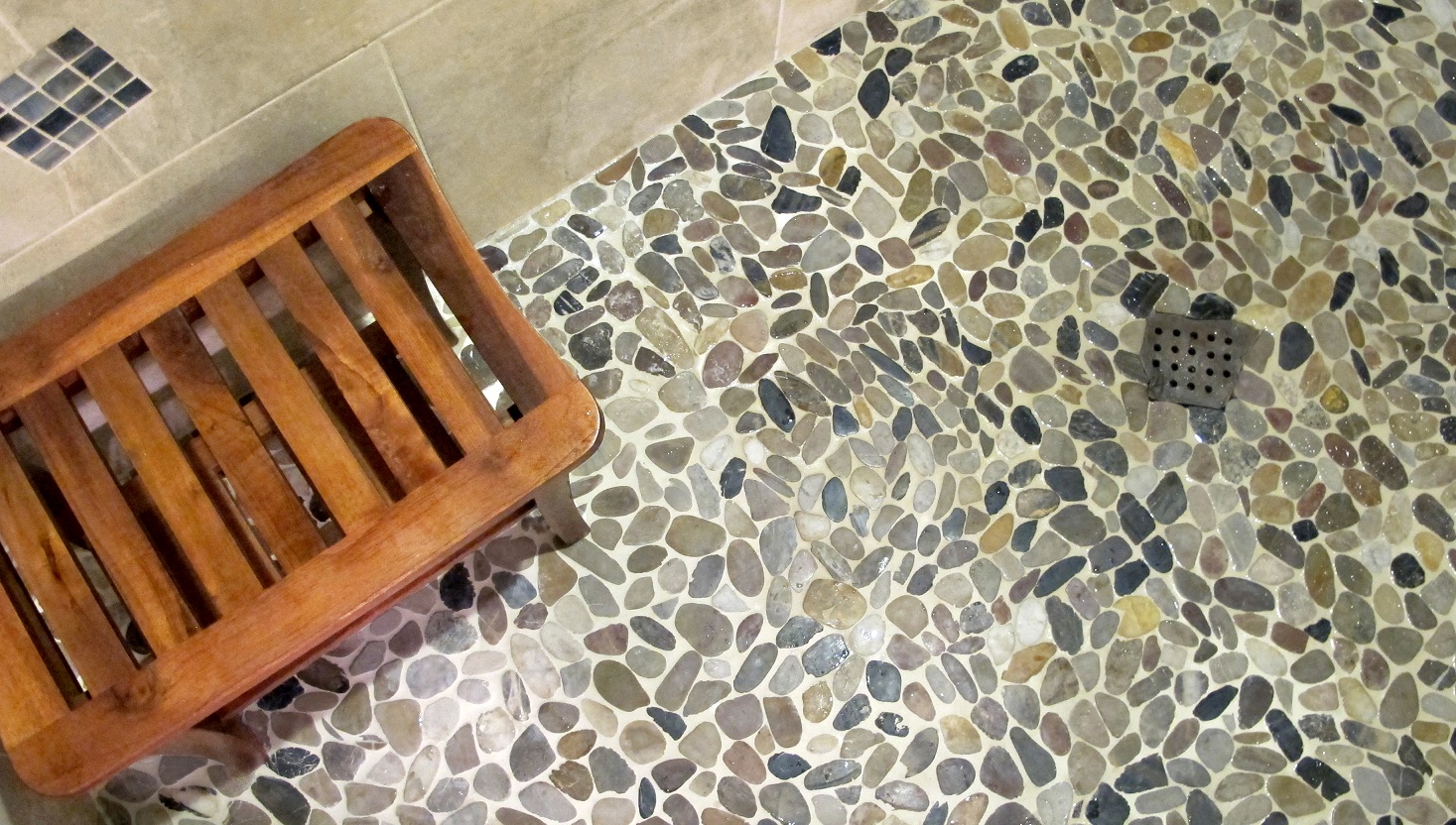 Riviera Pebbles Four Color Blend Emser Tile & Stone drain shower pan custom teak bench flat