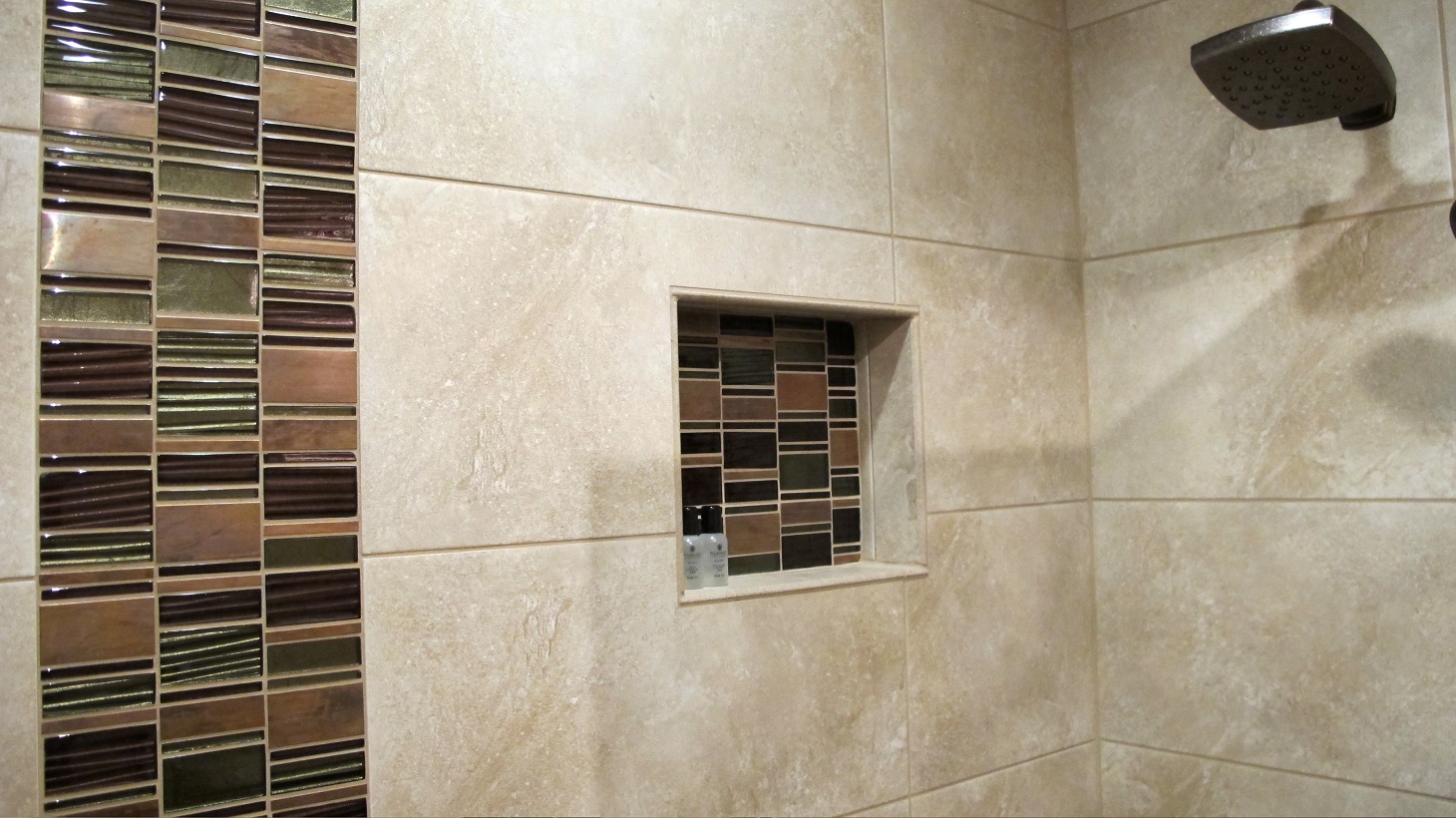 guest bathroom walk in shower shower pony wall glass stainless mosaic tile plank 6x36 Daltile Acacia Valley Ridge Kensington Beige Glazio Corrugated Series Ginger Clove